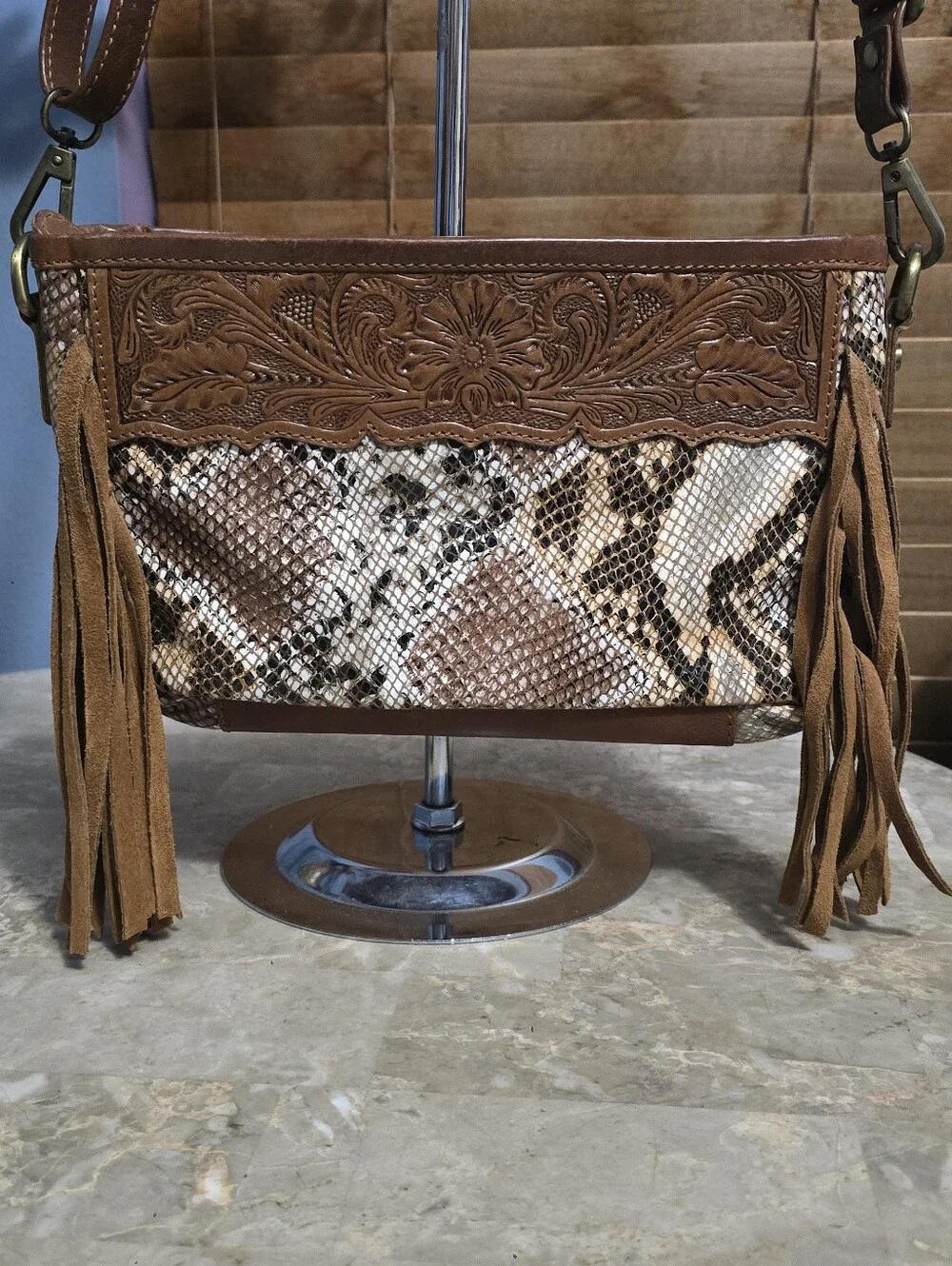 Shyanne Tooled Snake-Embossed Brown Leather Western Style Crossbody Shoulder Bag